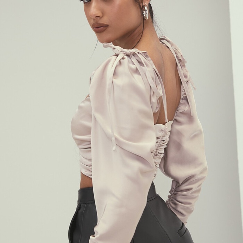 Mistress Rocks NWT 
Light Beige Satin Gathered Crop Top Small - Picture 2 of 8